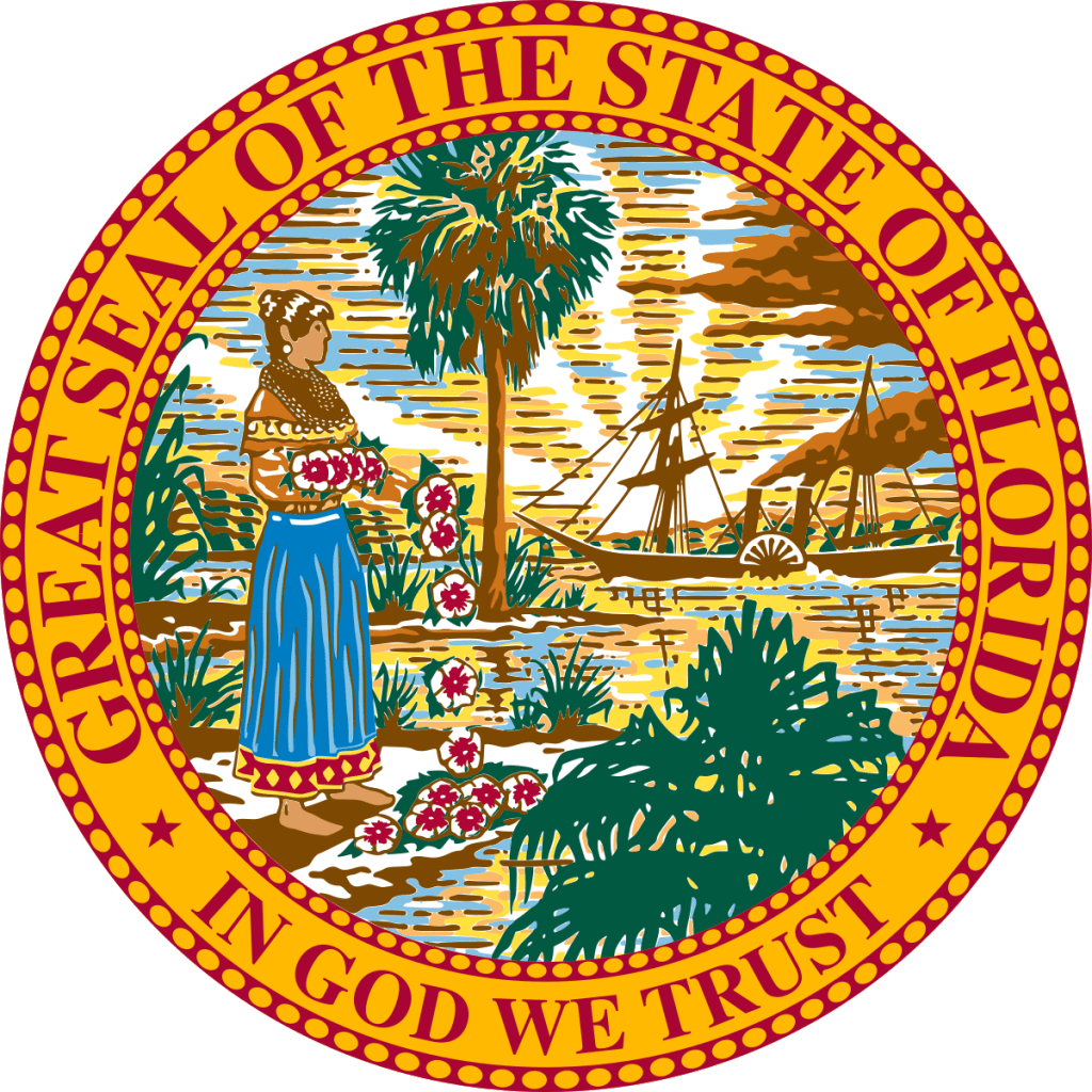 Florida state seal with In God We Trust on the bottom of the seal