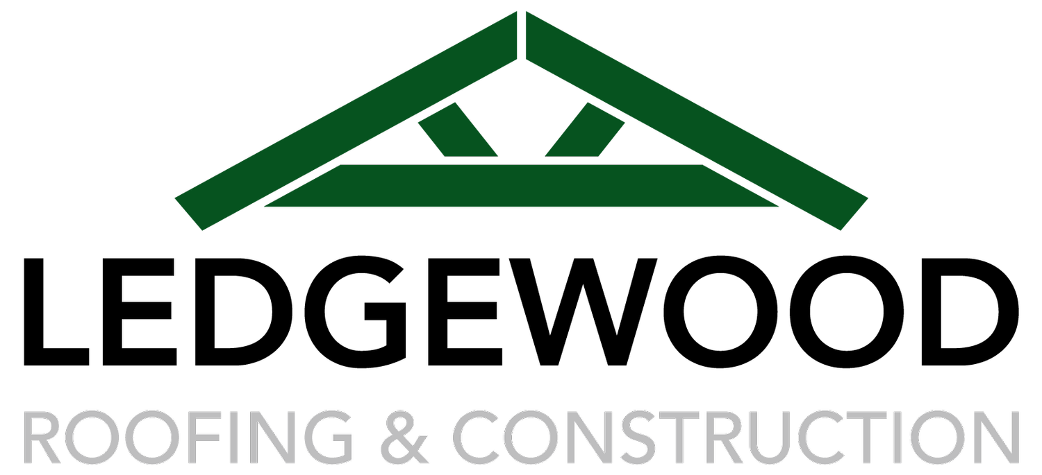 Logo for Ledgewood Roofing & Construction, featuring a green stylized roof above bold black LEDGEWOOD text, with ROOFING & CONSTRUCTION in light gray beneath.