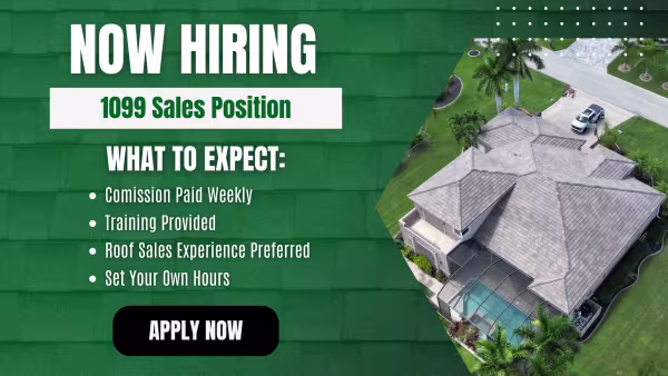 A job hiring ad for a 1099 sales position features text listing benefits such as weekly paid commission, training, preferred roof sales experience, and flexible hours, next to an aerial view of a house. A black Apply Now button is shown.